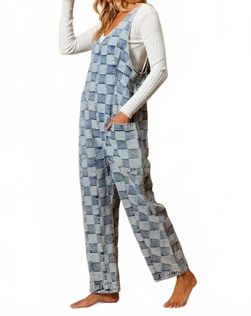 NEW BIBI low rise vintage washed checker overalls in light wash denim